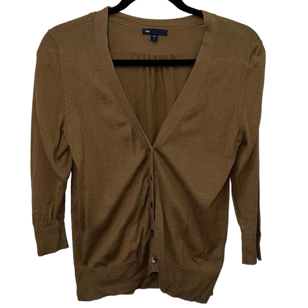 GAP Brown V-Neck Button Cardigan Sweater Small 3/4 Sleeve Lightweight Knit